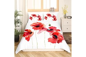 Feelyou Watercolor Flower Comforter Cover Queen,Poppies Wildflowers Nature Meadow Painted Decorative 3 Pieces Bedding Set(1 Duvet Cover Set 2 Pillow Shams),Orange Red Green Brown White with Zip Ties