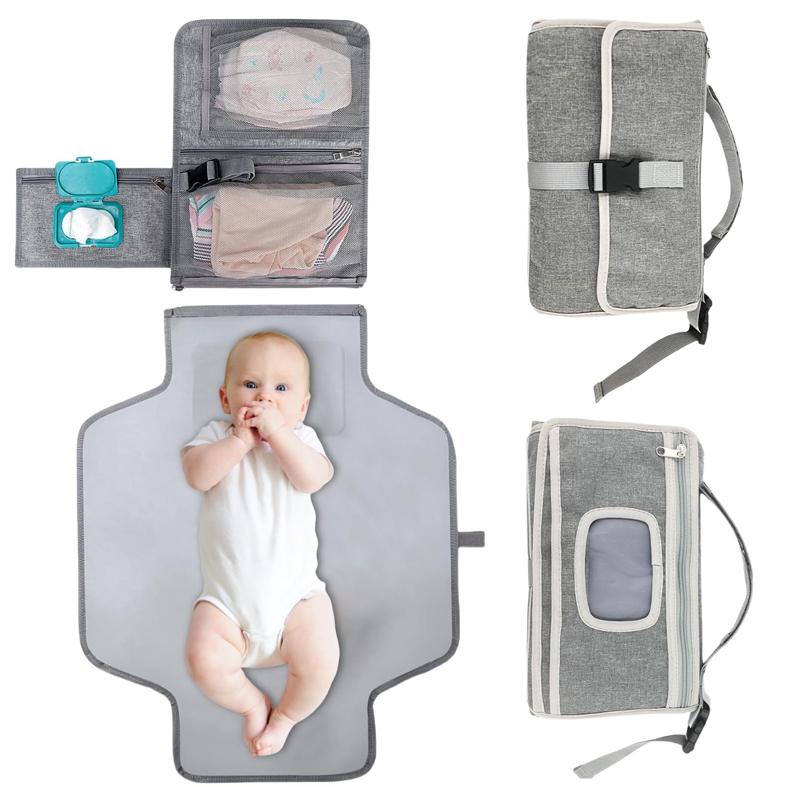 PRITOK Portable Nappy Changing Mat: Travel Baby Changing Pad with Wipes Pocket, Foldable Baby Changing Mat with Head Cushion, Waterproof Compact Diaper Changing Pad for Toddlers, Newborns (Grey)