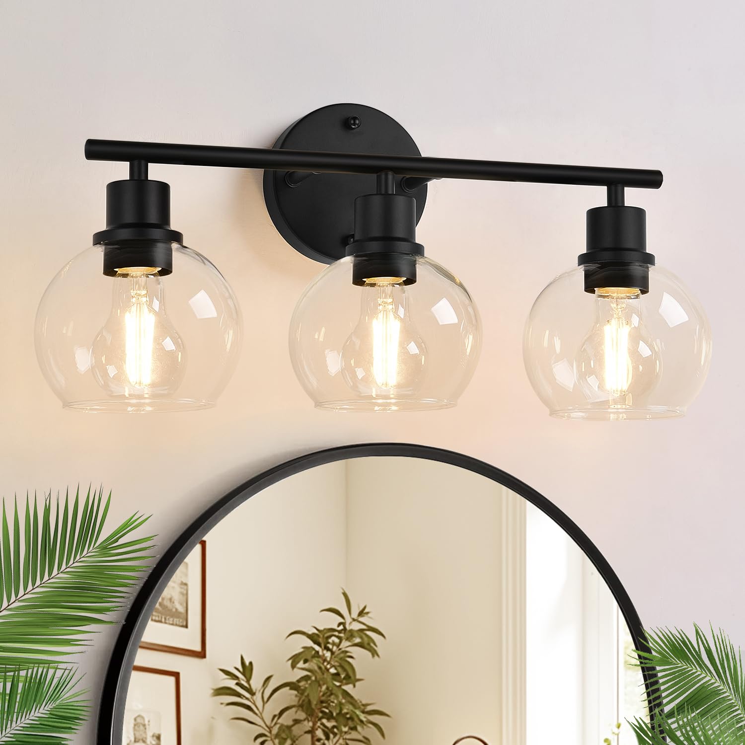 Photo 1 of Indoi 3-Light Bathroom Light Fixtures, Black Bathroom Lights Over Mirror with Clear Glass Globe Shade, Vanity Lights for Bathroom Kitchen Living Room Hallway Cabinet Bedroom Porch.