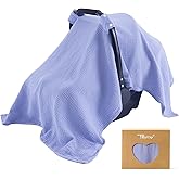 TILLYOU Baby Car Seat Cover, Breathable Muslin Cotton Infant Car Seat Cover, Lightweight Canopy with Sun and Bug Protection(Blue)