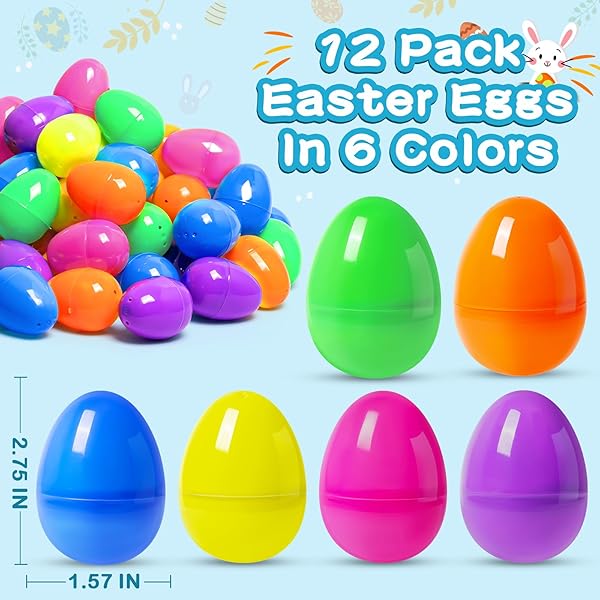 JUMLYS 12 PACK PREFILLED EASTER EGGS WITH STUFFED ANIMAL TOYS, SURPRISE PLASTIC EASTER EGGS FILLED WITH PLUSH BUNNY AND BEAR FOR KIDS, PERFECT FOR EASTER EGG HUNT , BASKET STUFFERS AND PARTY FAVORS