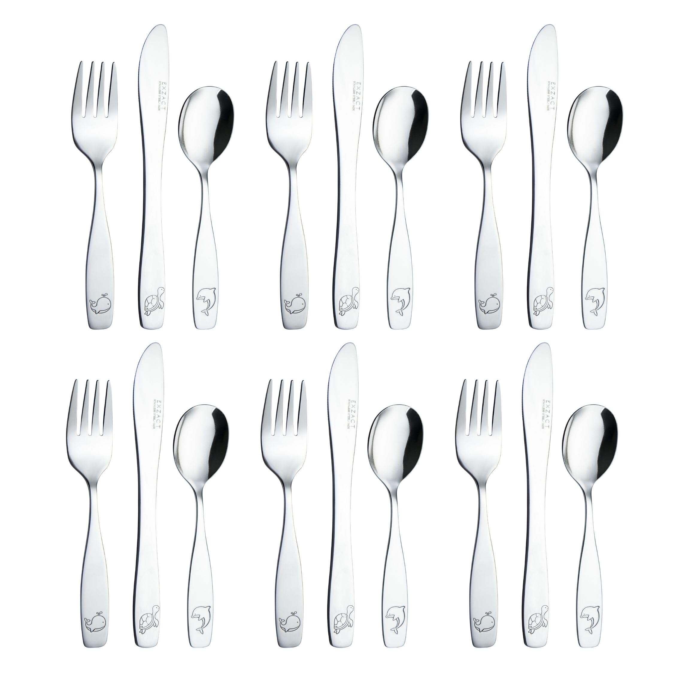 EXZACT Children’s Flatware 18pcs Kids Silverware, Toddlers Utensils, Stainless Steel Utensils, 6 Forks, 6 Table Knives, 6 Spoons, Dishwasher Safe, BPA Free, 24M+ (Ocean x 18) Image