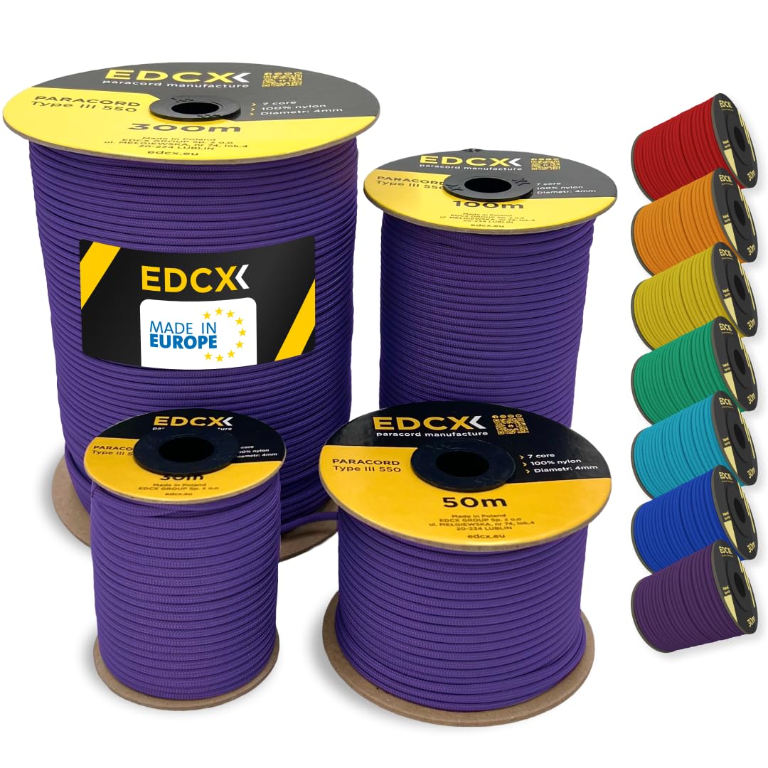 EDCX 4mm Nylon Paracord 550 100m (330 feet) | Ideal for Camping, Survival, Outdoor, Crafting, DIY | 100% Nylon Rope 4mm | Paracord 550 Type III in Solid Color (Purple, 100 m)