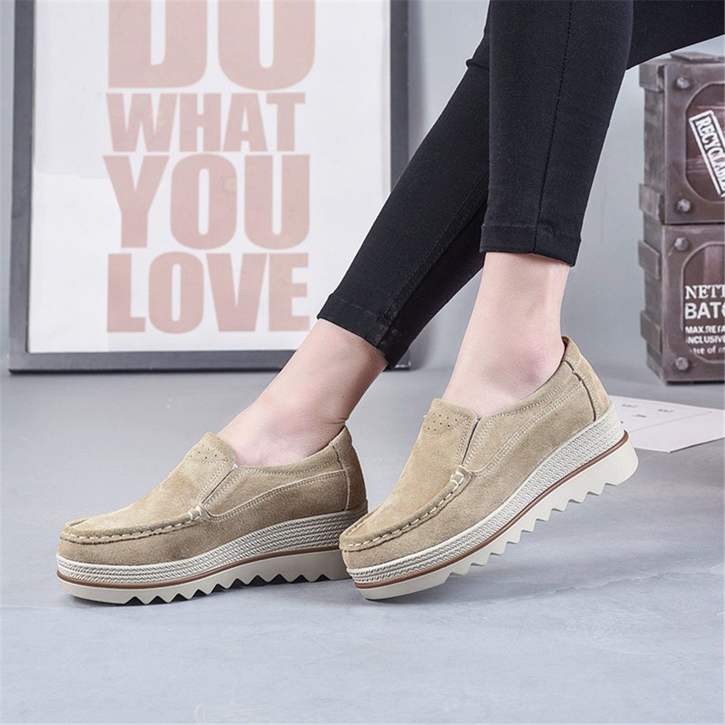 Ruiatoo Platform Shoes for Women Suede Slip On Loafers Wedge Platform Sneakers Comfort Moccasins Low Top Casual Shoes Khaki 38