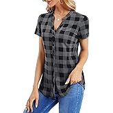 DJT Women's Summer Casual V Neck Blouses Plaid Short Sleeve Button Down Plaid Shirts Tops