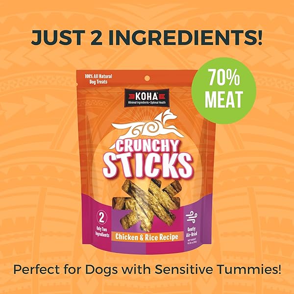 KOHA PET CRUNCHY STICKS CHICKEN & WHITE RICE RECIPE, 2 INGREDIENT DOG TREATS FOR SENSITIVE STOMACHS, HEALTHY TREATS FOR DOGS
