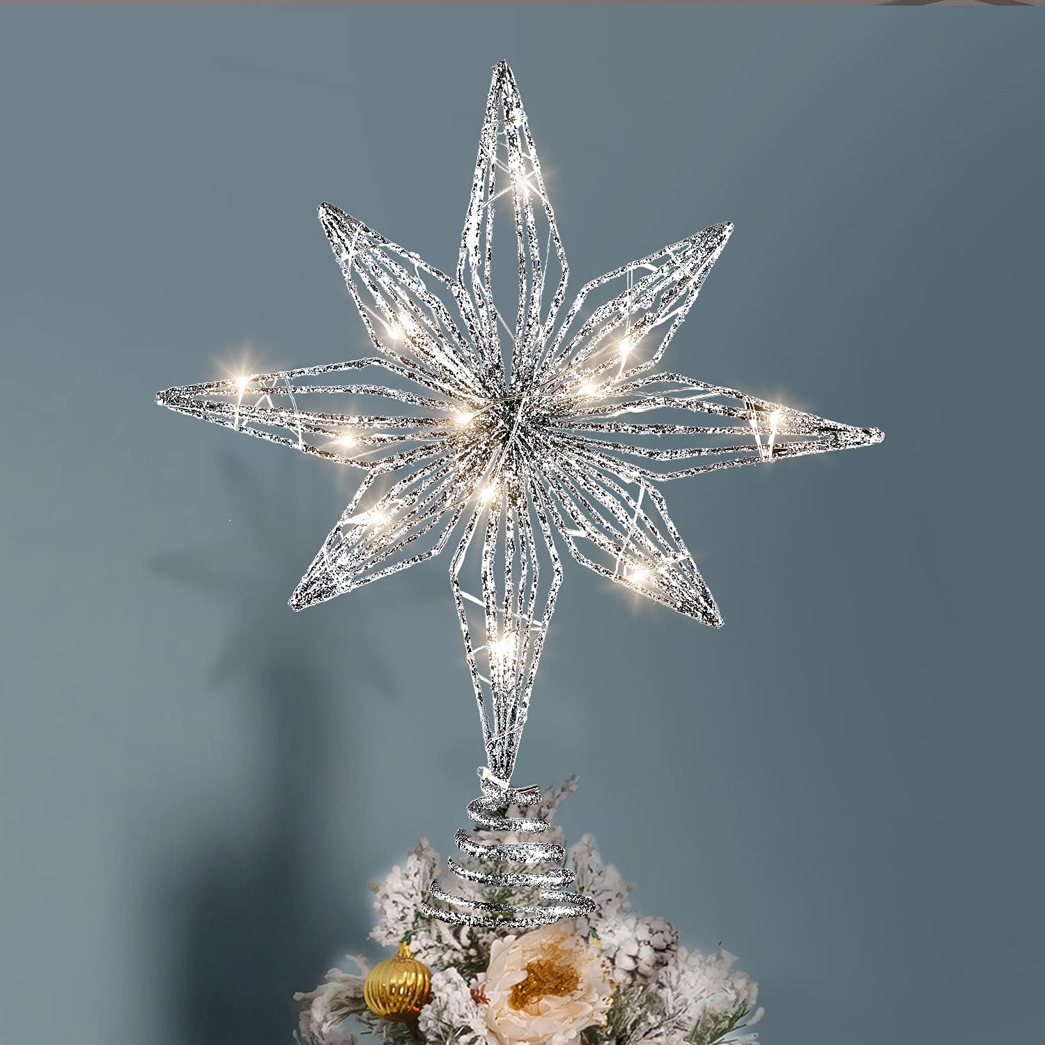 Tree Toppers - INAROCK Christmas Tree Toppers, 20 LED Lights Tree Topper Star 10 Inch Star Tree Toppers 8-Point Star Silver Glittered Tree-top Star for Christmas Tree Home Decoration