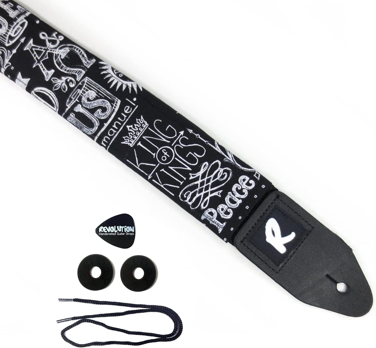Mixed Media - Jesus Guitar Strap, Black and White Genuine Leather Ends, Includes 2 Strap Locks & 1 Pick. Adjustable Strap, For Bass, Electric & Acoustic Guitars Gift for Guitar Players Men, Women & Kids