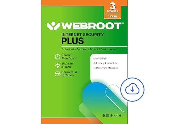 Webroot Internet Security Plus Antivirus Software 2026 3 Device 1 Year Download for PC/Mac/Chromebook/Android/IOS + Password Manager