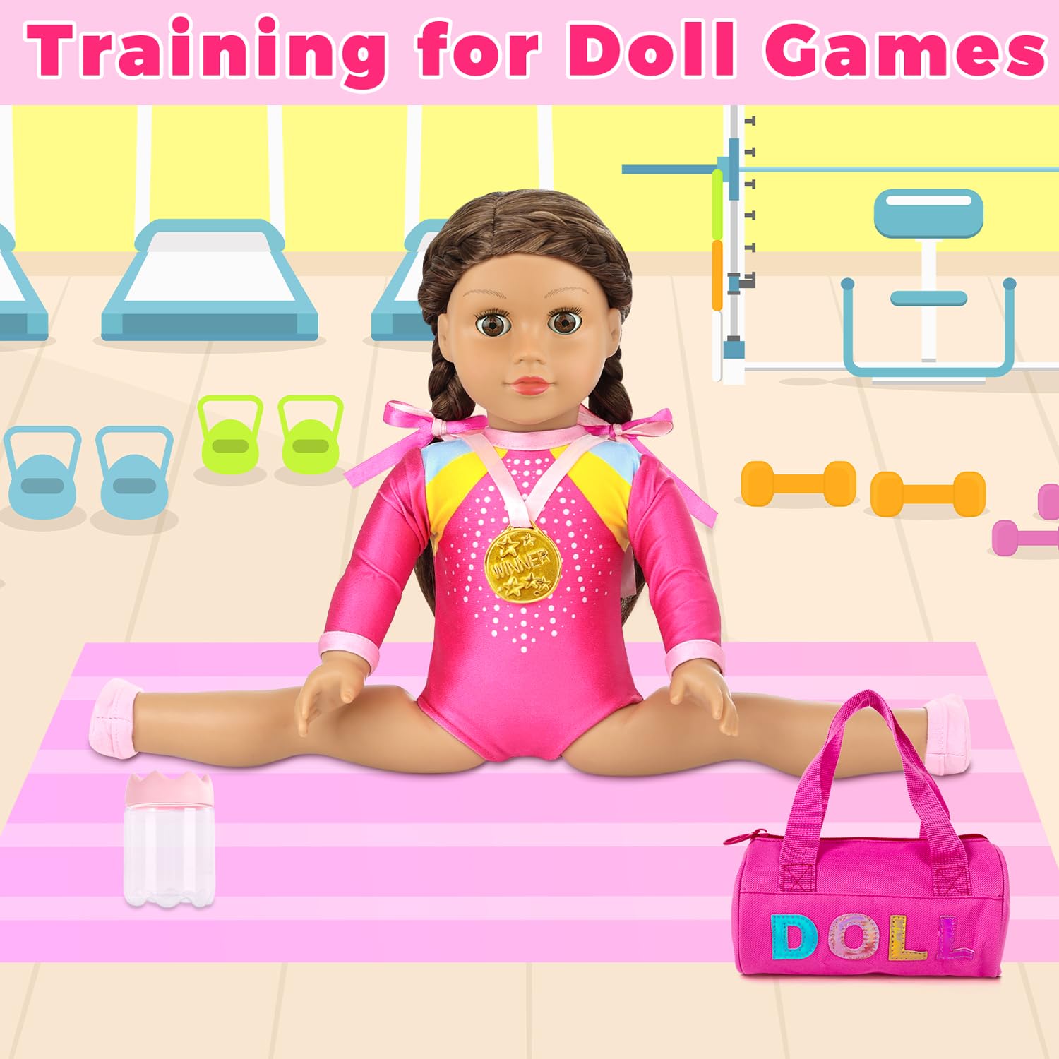 K.T. Fancy 18 Inch Doll Gymnastics Clothes Set - Pink Leotard, Shoes, Gym Bag, Olympic Medal, Water Bottle & Hair Accessories for Play（Doll Not Included）