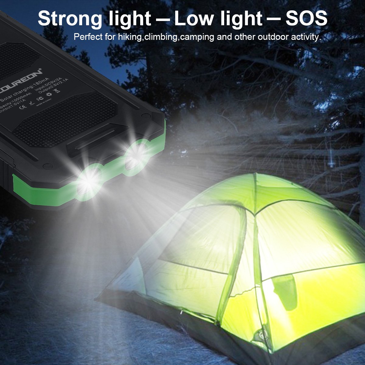 FLOUREON 10000mAh Power Bank with Solar Charging Portable Mobile Phone Charger Dual 2.1A USB Output Waterproof External Battery Replacement for iPhone iPad Samsung Galaxy Android