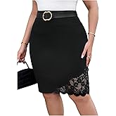 WDIRARA Women's Plus Size Bodycon Skirt Floral Lace Scalloped Trim Knee Length Skirts