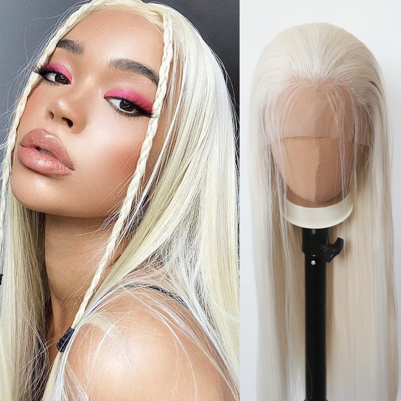 Towarm Platinum Blonde Wig Long Straight Synthetic Lace Front Wigs Pre Plucked Natural Hairline with Baby Hair for Black Women Heat Resistant Fiber Hair Cosplay Daily Wear Wig (Platinum Blonde) — image 1