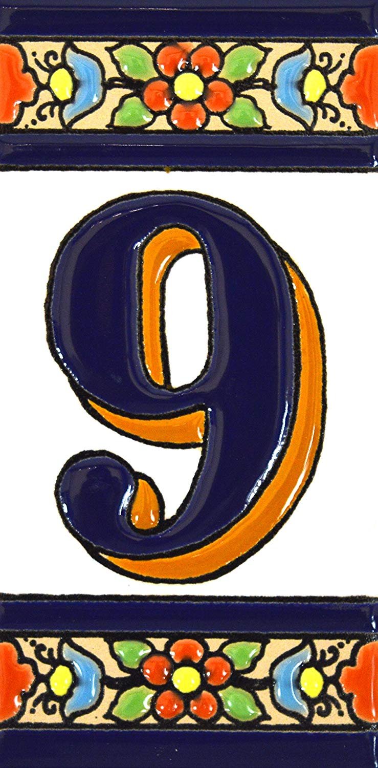 House numbers 4 inch. Handpainted house number tiles for signs, addresses and names. Address numbers for houses. House address numbers and letters. Design FLORES MEDIANO 4,29" x 2,13" (NUMBER 9)
