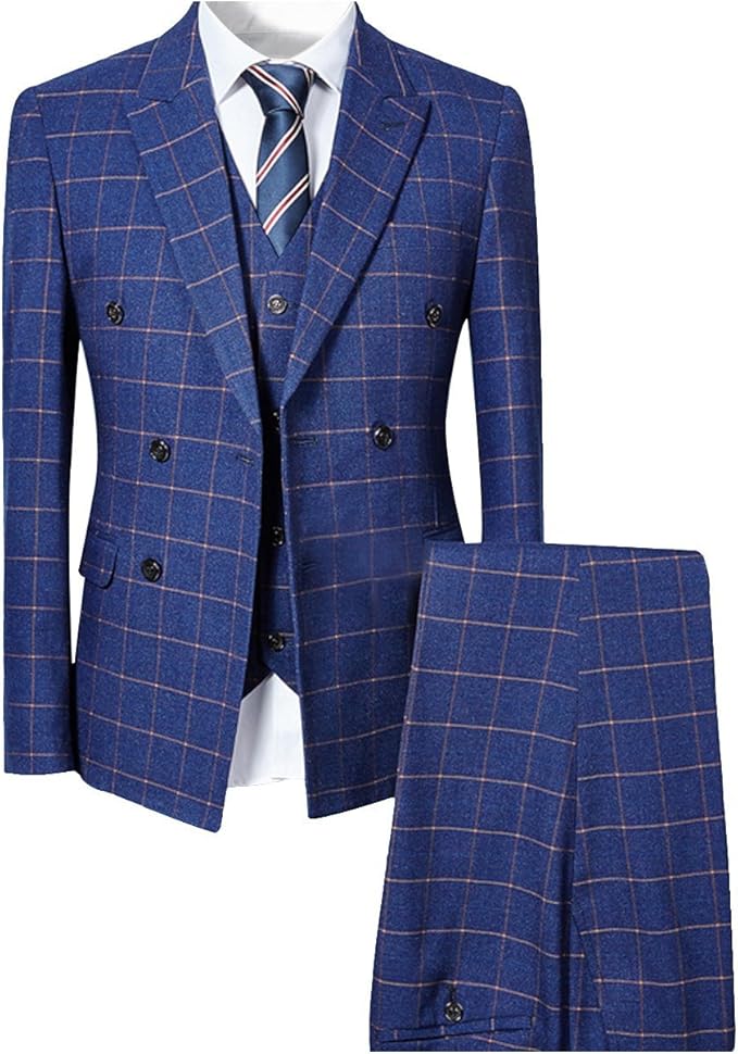 Mens Blue Slim Fit 3 Piece Checked Suits Double Breasted Vintage