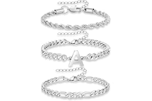 Semoya 3 Pcs A-Z Silver Initial Chain Bracelets for Men, Stainless Steel Cuban Link Rope Figaro Chain Bracelet Set Jewelry Gifts for Men Women, 7.5+2 Inches