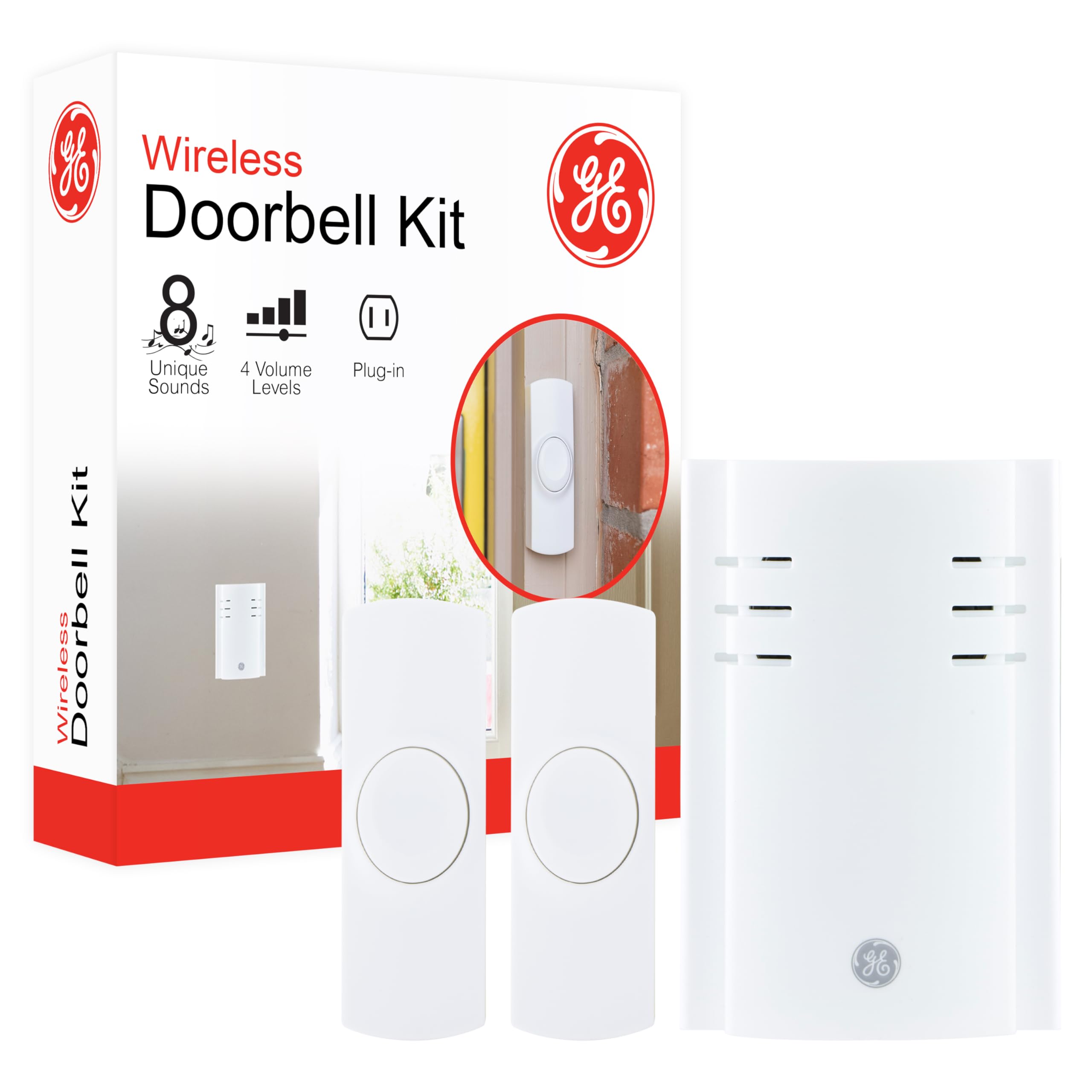 GE Wireless Doorbell Kit, Plug-In Receiver, 2 Push Buttons Door Bell, 8 Melodies Doorbell Chime, 4 Volume Levels, Classroom Doorbell, 150 Ft Range, White, 19300