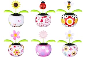 WELECOM 6 Solar Dancing Bee Toy Solar Powered Dancing Sun Flower in Colorful Pots Swinging Ladybug Shape Flip Flap Animated Bobblehead Dancer Window Sunflower Sun Catcher Car Dashboard Decor