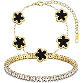 YOQ Stackable Four Leaf Clover Bracelets for Women, Tennis Bangle Bracelets Set for Women, 2 Pcs Trendy Jewelry Gifts