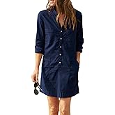 Zontroldy Women's Summer Collared Long Rolled Up Sleeve Button Down Cotton Shirt Dress Safari Dresses with Pockets(1538-Navy-S)