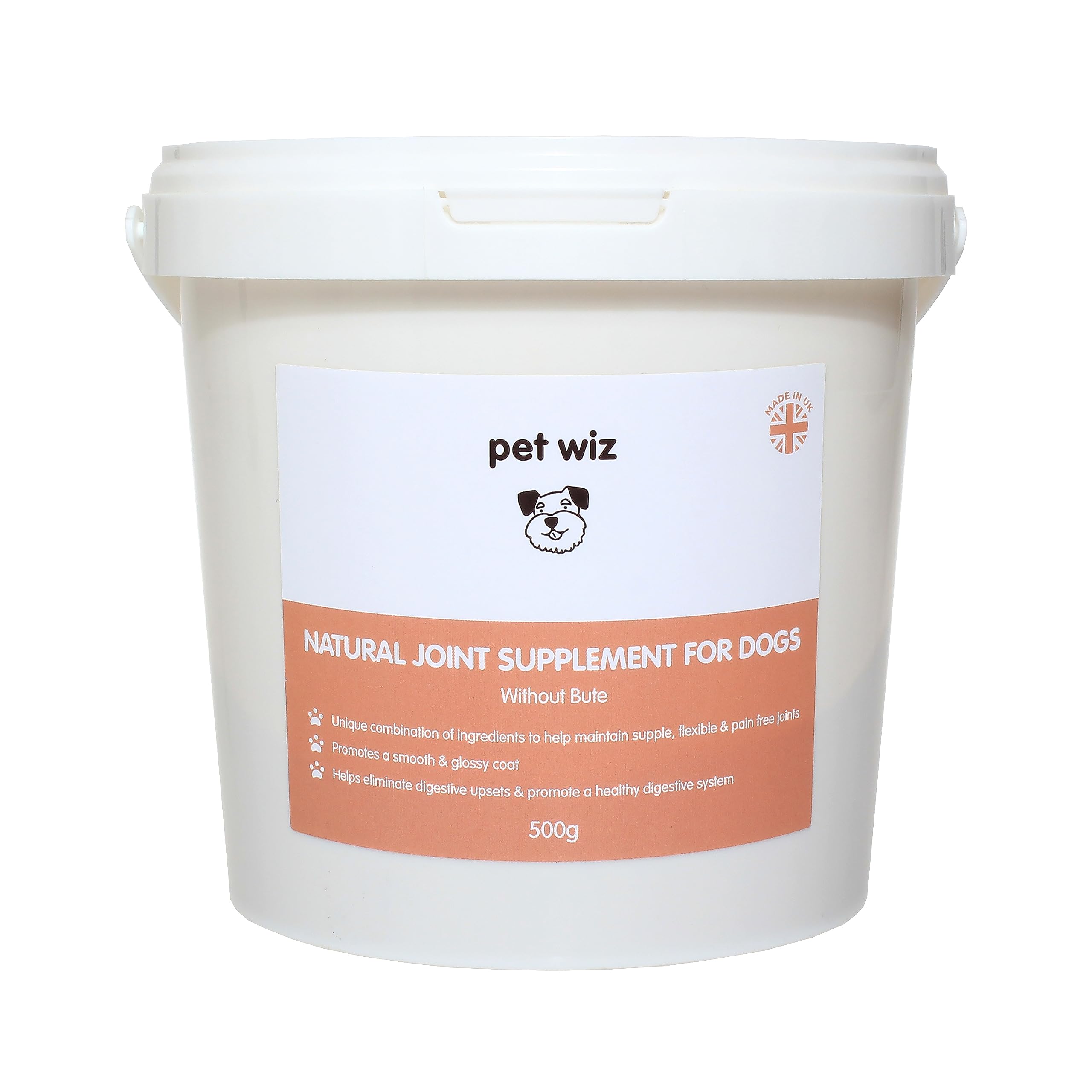 pet wiz Natural Joint Supplement for Dogs, without Bute, Promotes Healthy Joints & Skin, 500g, Made in UK.