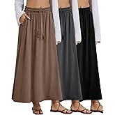 Velvelhall 3 Pack Women's Maxi Long Skirts, Ankle Length a Line Elastic High Waist Flowy Boho Casual Skirt with Pockets