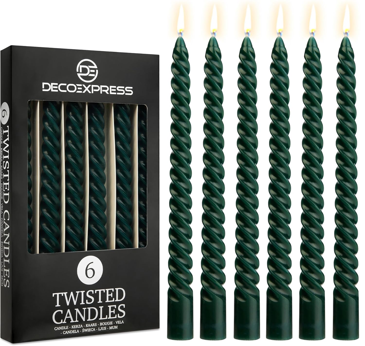 DECO EXPRESS Candles, Pack of 6 Dinner Candles, Non Drip Twisted & Non Scented, Long 6 Hours Burning Time, Cosy Home Decor, Valentine’s Day & Mother’s Day Gifts (Green, Pack of 6)