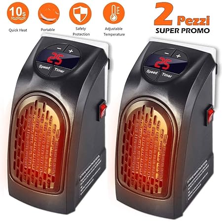 Bakaji Set 2 Pezzi Stufa Elettrica 400w Handy Fast Portatile Spina Presa Elettrica Regolabile Da 15 A 32 Gradi Basso Consumo Energetico Bagno Casa