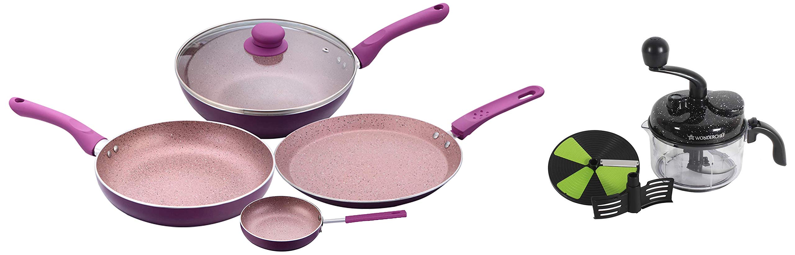 Wonderchef Turbo Dual Speed Food Processor, & Royal Velvet Induction Base Aluminium Cookware Set of 5-Pieces Combo (Black, Purple)