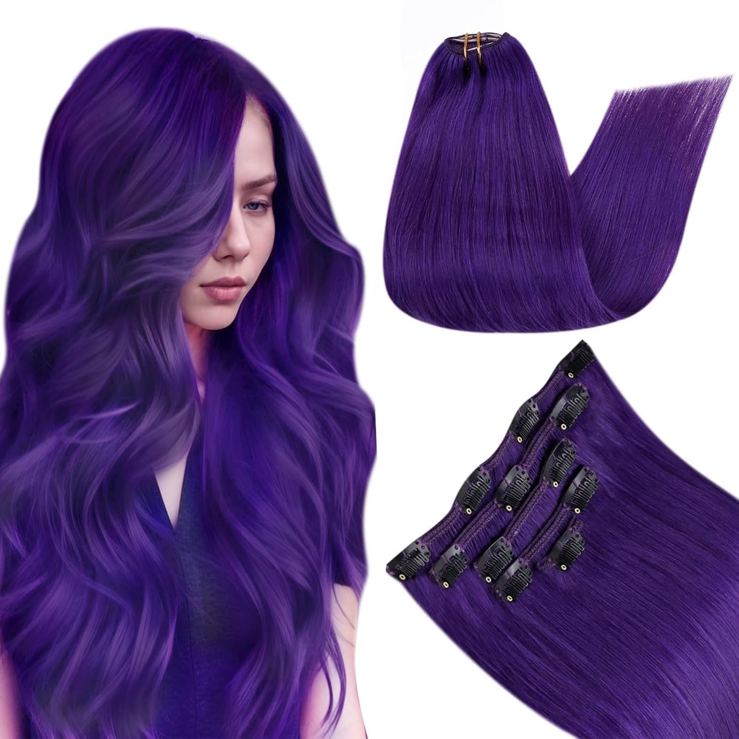 RUNATURE Clip in Purple Hair Extensions Real Human Hair Purple Hair Extensions Clip in Real Hair Colored Extensions 20 Inch 70 Gram 5PCS — image 1
