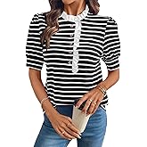 BLENCOT Summer T Shirt for Women Casual Puff Sleeve Button Down Ruffle Collar Striped Knit Blouse Tops