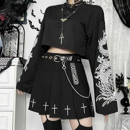 Womens Cross Print Pleated Skirt Black Goth Punk Skirts with Belt
