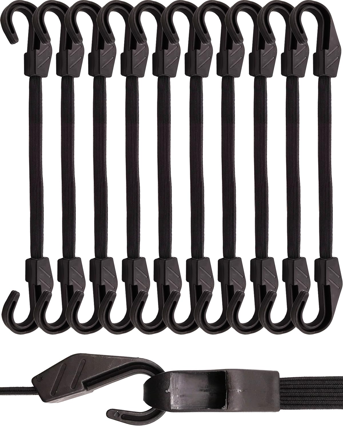 BINCKIN Bungee Cords with Hooks 30cm - 10 PCS Heavy Duty Bundy Cord with Hooks, 18mm Strong Bungee Straps with Hooks for Outdoor Camping Tarp, Tents, Bikes and Fixings (Black)
