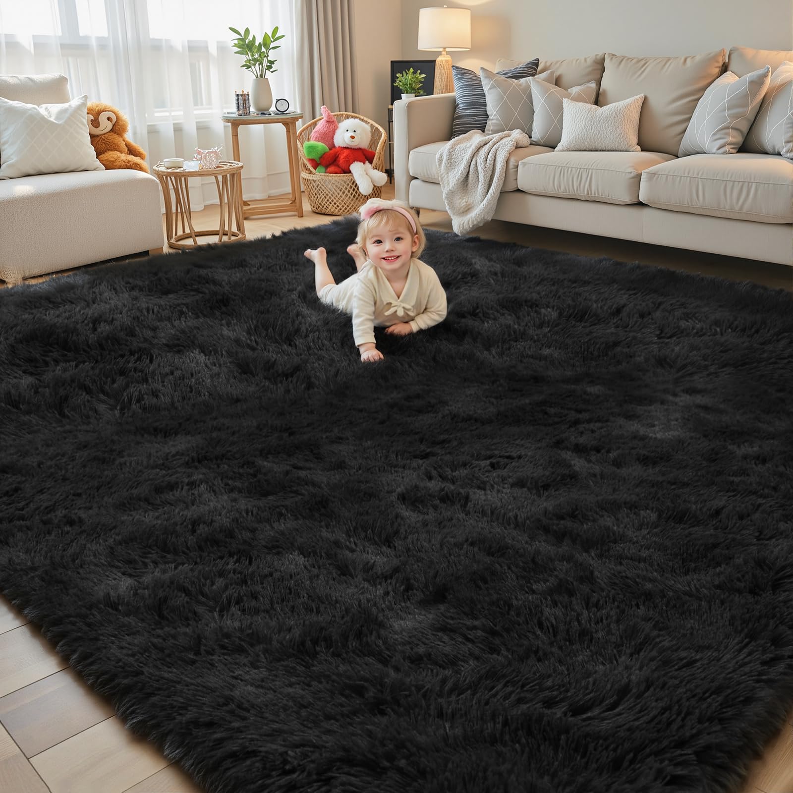 Photo 1 of 8x10 Area Rugs for Living Room Bedroom, Large Area Rug Shaggy Carpet Soft Plush Furry Bedside Rug, Rugs for Home Decor (Black, 8 x 10 Feet)