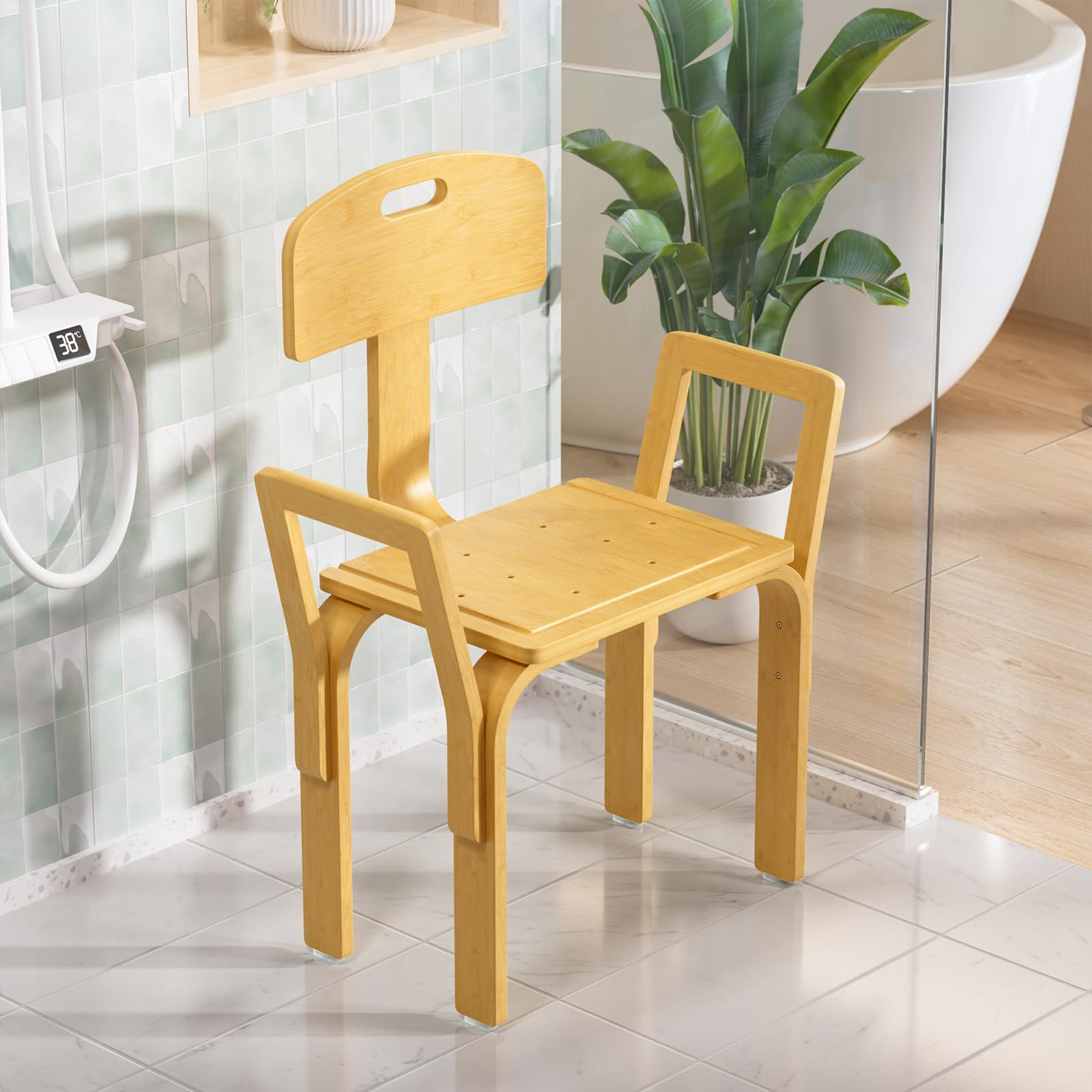 Photo 1 of Shower Chair for Inside Shower, Bamboo Shower Stool with Armrests & Back, 220lbs Capacity, Heavy Duty, Non-Slip Shower Bench for Senior Adult Disabled Elderly