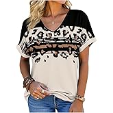 SHENHE Women's Plus Size Leopard Short Sleeve Tees V Neck Color Block Striped T Shirts