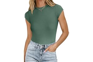 MISSJOY Women Crew Neck Short Sleeve Ribbed Stretchy Casual Slim Fit Bodysuit T Shirts Tops