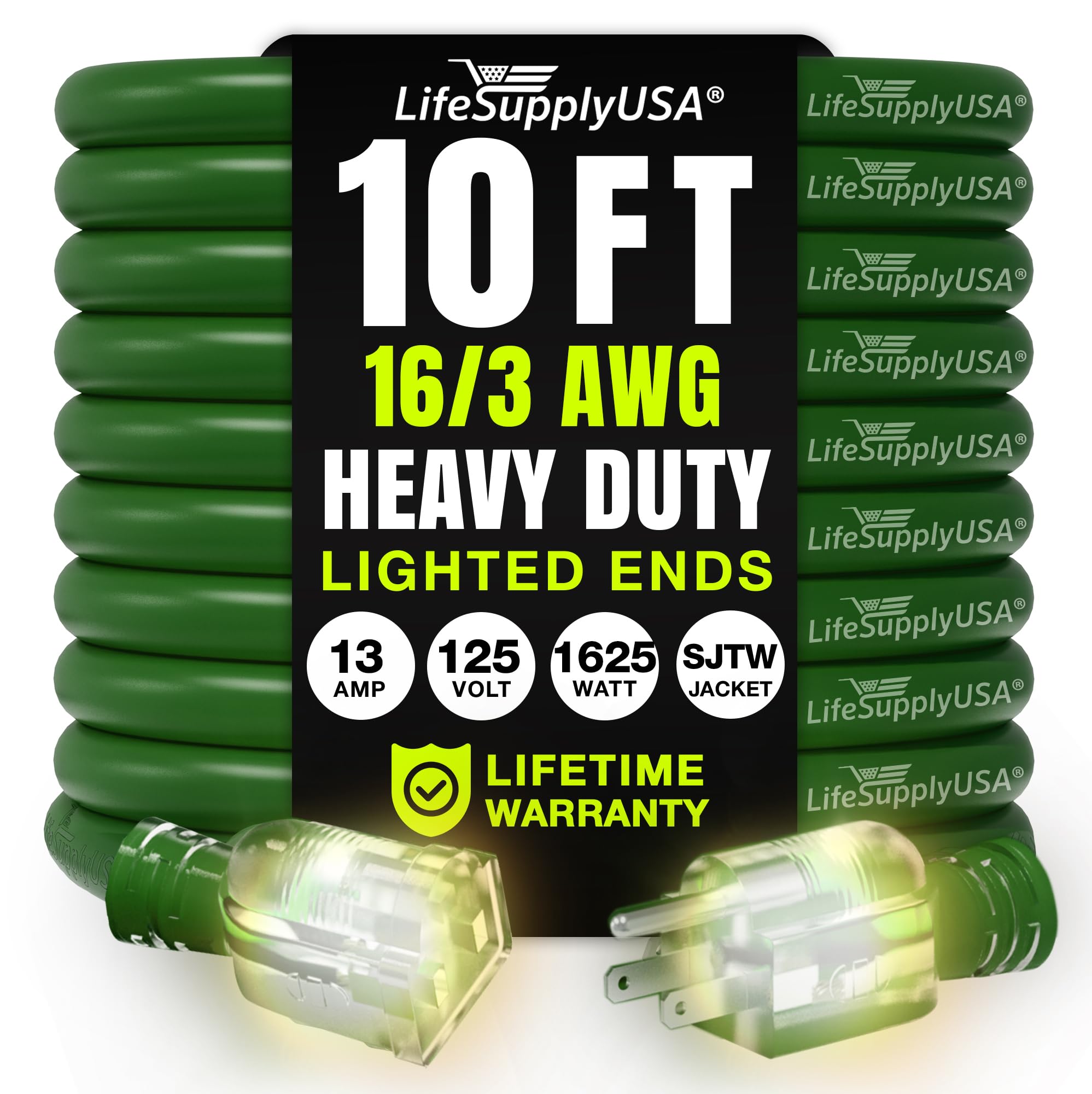 Photo 1 of 10ft Outdoor/Indoor Extension Cord 16/3 Gauge Heavy Duty 3 Prong SJTW, Waterproof, Flexible Cold-Resistant Long Power Cord,13A 125V 1625W, Green by LifeSupplyUSA