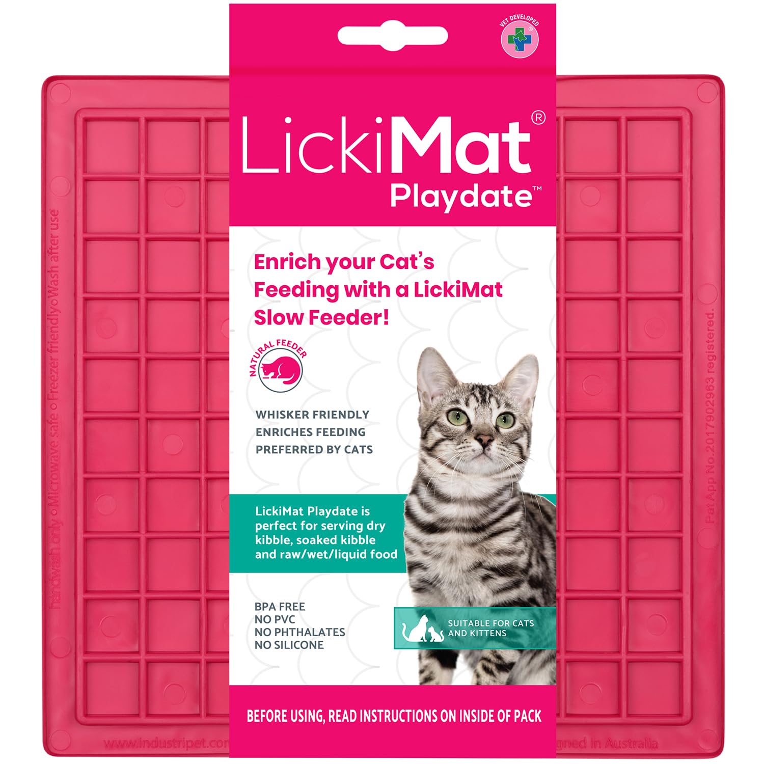 LICKIMAT Classic Playdate Cat Slow Feeders Lick Mat, Boredom Anxiety Reducer; Perfect for Food, Treats, Yogurt, or Peanut Butter. Fun Alternative to a Slow Feed Cat Bowl or Dish, Pink โ image 1