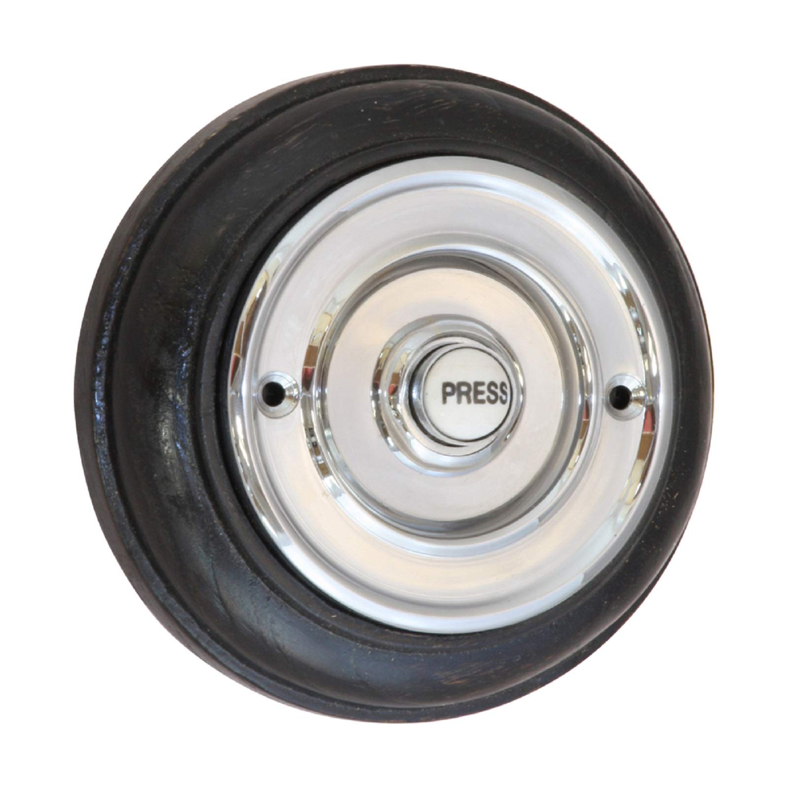 Round 76mm Bell Push Mounted on Dark Oak Plinth - Polished Chrome