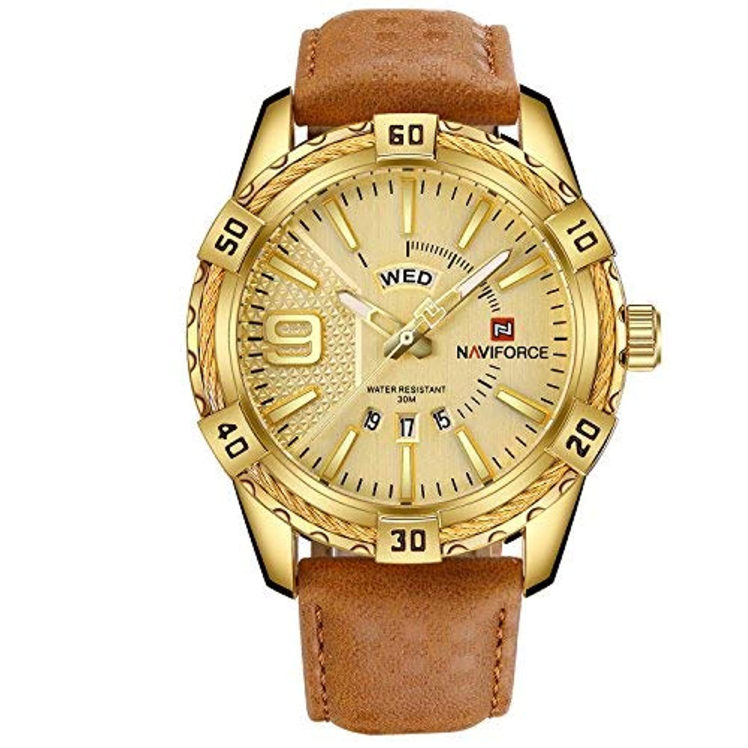 NAVIFORCE Luxury Sports Quartz Calendar Watch Gold Big Face Waterproof Leather Watches for Men