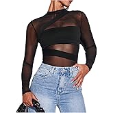 Milumia Women's Mesh Sheer Bodysuit Tops Crew Neck Long Sleeve Going Out Rave Leotards