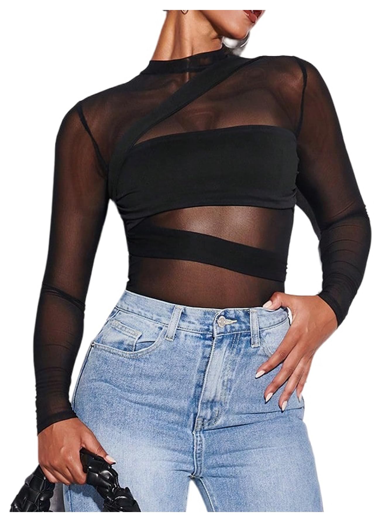 Photo 1 of Milumia Women's Mesh Sheer Bodysuit Tops Crew Neck Long Sleeve Going Out Rave Leotards Black Small