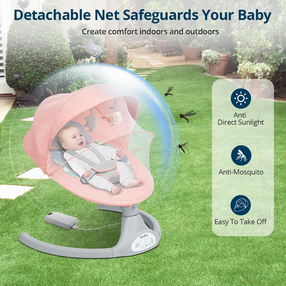Bioby Baby Swing for Infants with 5 Natural Sway Speeds, Portable Bt Music Baby Bouncer with Remote Control & 5-Point Harness, Lightweight Baby Rocker for 5-20 Lb,0-12 Months Pink
