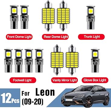 Amazon Com For Seat Leon 5f 12 13 14 15 16 17 18 19 Interior Light Kit Dome Map Glove Box Lights Bulbs Boot Trunk Luggage Compartment Lamp 12x Led Replacement Pack White Error Free Canbus Automotive