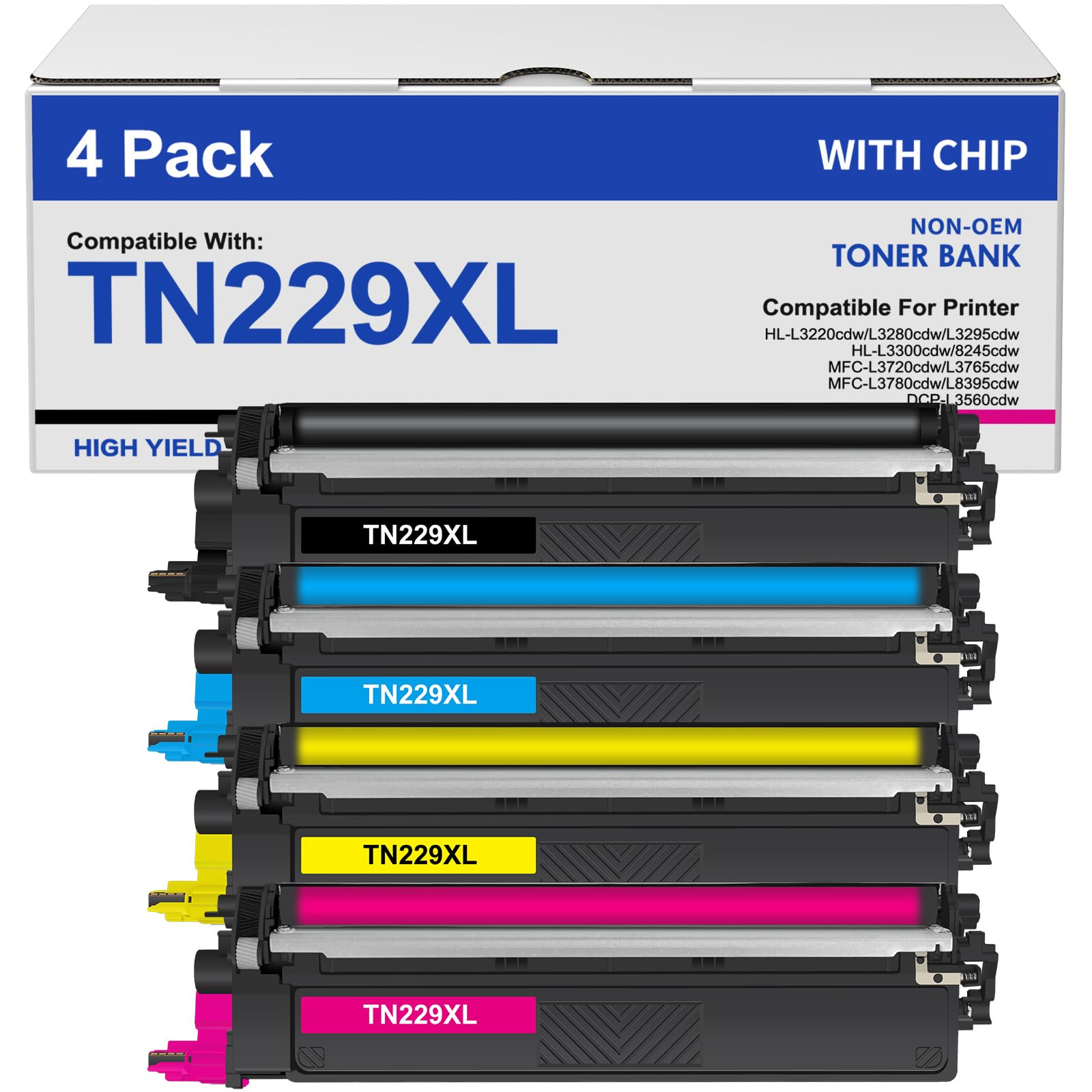 Photo 1 of TN229XL TN229 Toner Cartridges 4 Pack MFC-L3780CDW MFC-L3720CDW Compatible for Brother HL-L3280CDW HL-L3220CDW HL-L3300CDW HL-L3295CDW Printer TN 229XL TN-229XL TN229/XL/V BK/C/M/Y High Yield