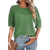 BLENCOT Tops for Women Trendy Summer Casual Balloon Half Short Sleeve Basic Textured Solid Color Round Neck T Shirts Blouse