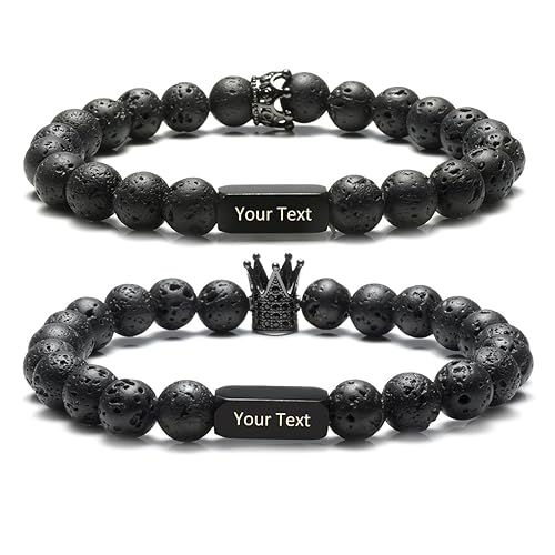 JOVIVI Gratis Gravur - Personalized Lava Partnerarmbänder 8mm Buddha Perlen Armband mit Krone Pärchen Geschenke