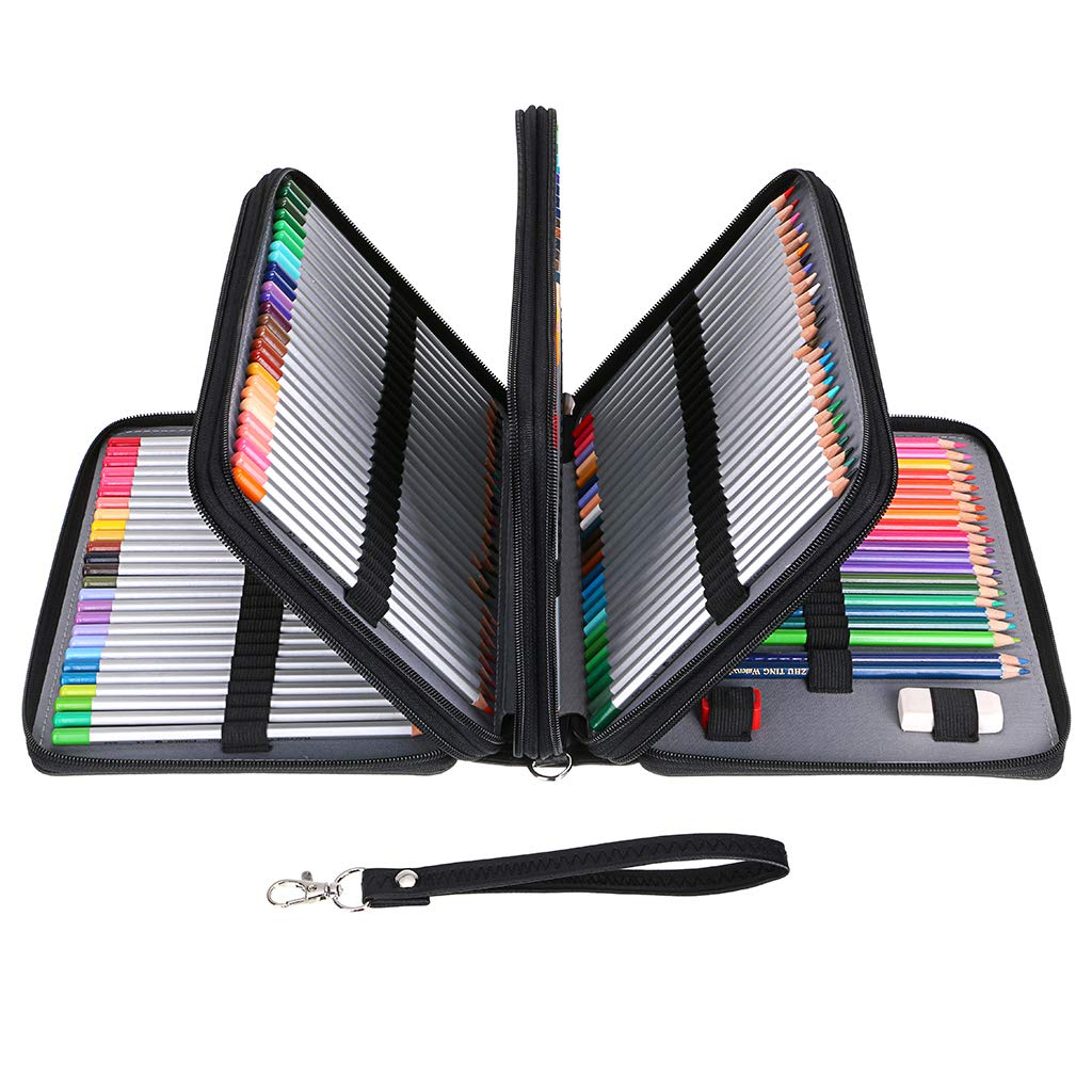 BTSKY PU Leather 200 Inserting Super Large Capacity Multi-Layer Students Colored Pencil Wrap Storage Case Bag Pouch Holder Stationery Organizer, Black(no Pencils)