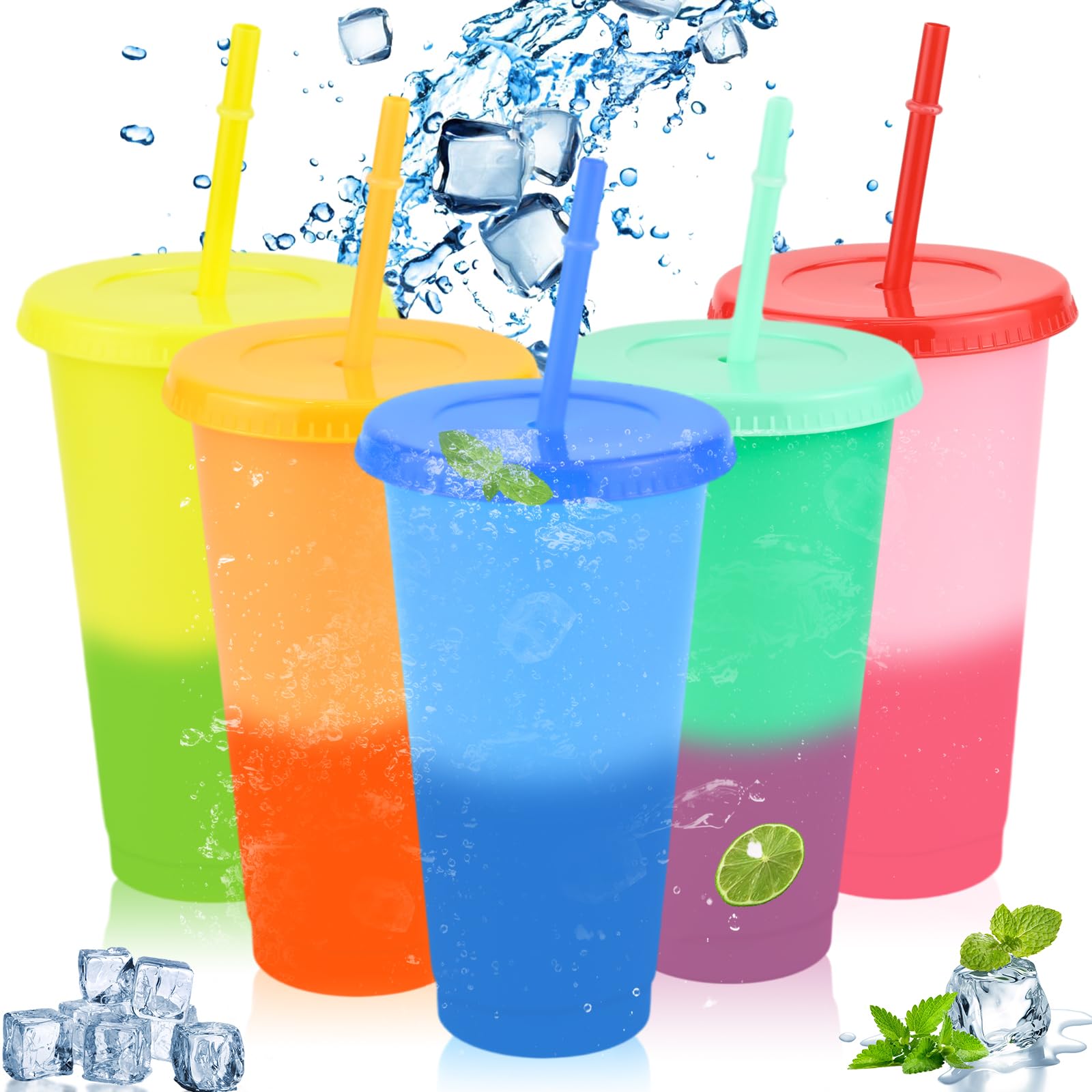 RAINPOP Iced Water Cups with Lids & Straws - 5Pcs 24oz Cold Drinking Tumblers Plastic Tumbler Set Reusable Plastic Cup, Slushie Cup Coffee Smoothie Slushy Drinking Cup Party Cups